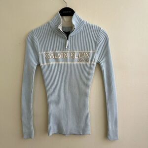 Y2K Calvin Klein 2000s Ribbed Quarter Zip Knit Logo Knit Sweater, Baby Blue- M